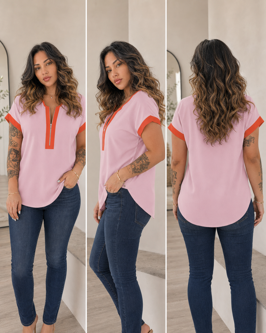 Pink Pop Zip V-Neck Blouse